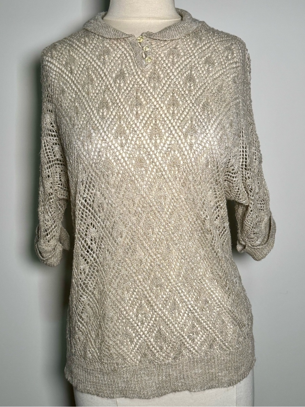 Vintage 1980s Open Knit Short Sleeve Sweater in Beige